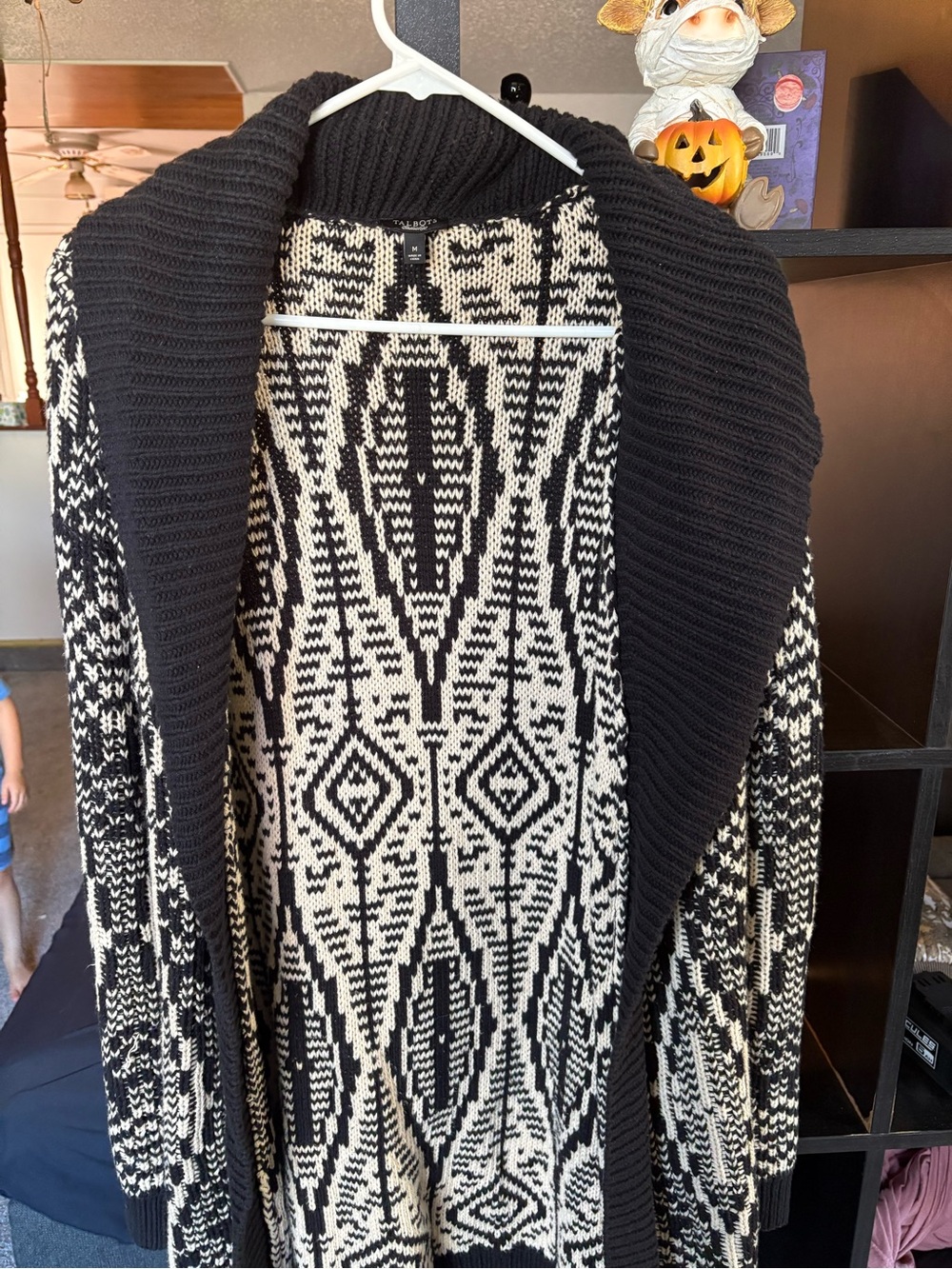 Talbots Black and White Geometric Open-Front Cardigan